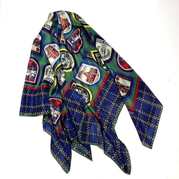 Ellen Tracy Silk Square Scarf Italian Cities Print Blue Green - Picture 2 of 9